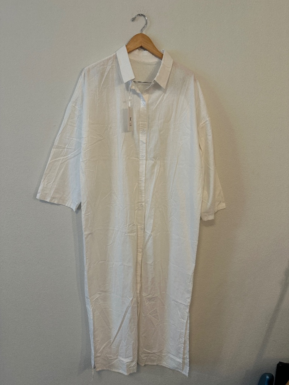 Hidden Brand Ivory Cotton Linen Button Front Maxi Shirt Dress Large NWT